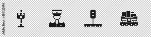 Set Train traffic light, conductor, and Cargo train wagon icon. Vector