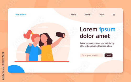 Two girls taking selfie on smartphone. Friend, phone, photo flat vector illustration. Friendship and digital technology concept for banner, website design or landing web page
