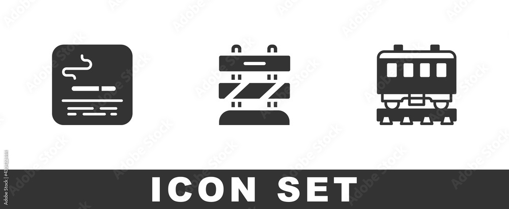 Set Smoking area, End of railway tracks and Passenger train cars icon. Vector Set Smoking area, End of railway tracks and Passenger train cars icon. Vector