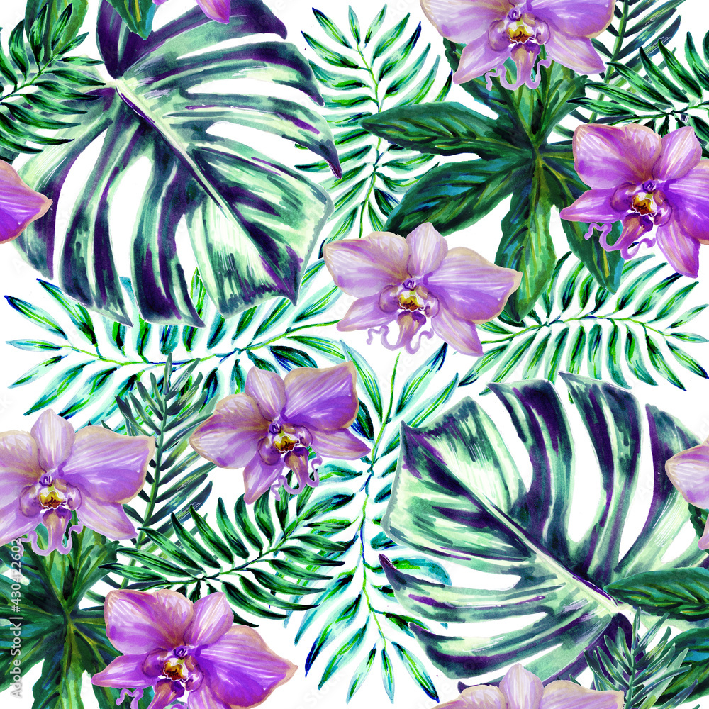 Beach cheerful seamless pattern wallpaper of tropical dark green leaves of palm trees and purple orchid flowers.seamless pattern of exotic leaves hand-drawn. Watercolour botanical illustration