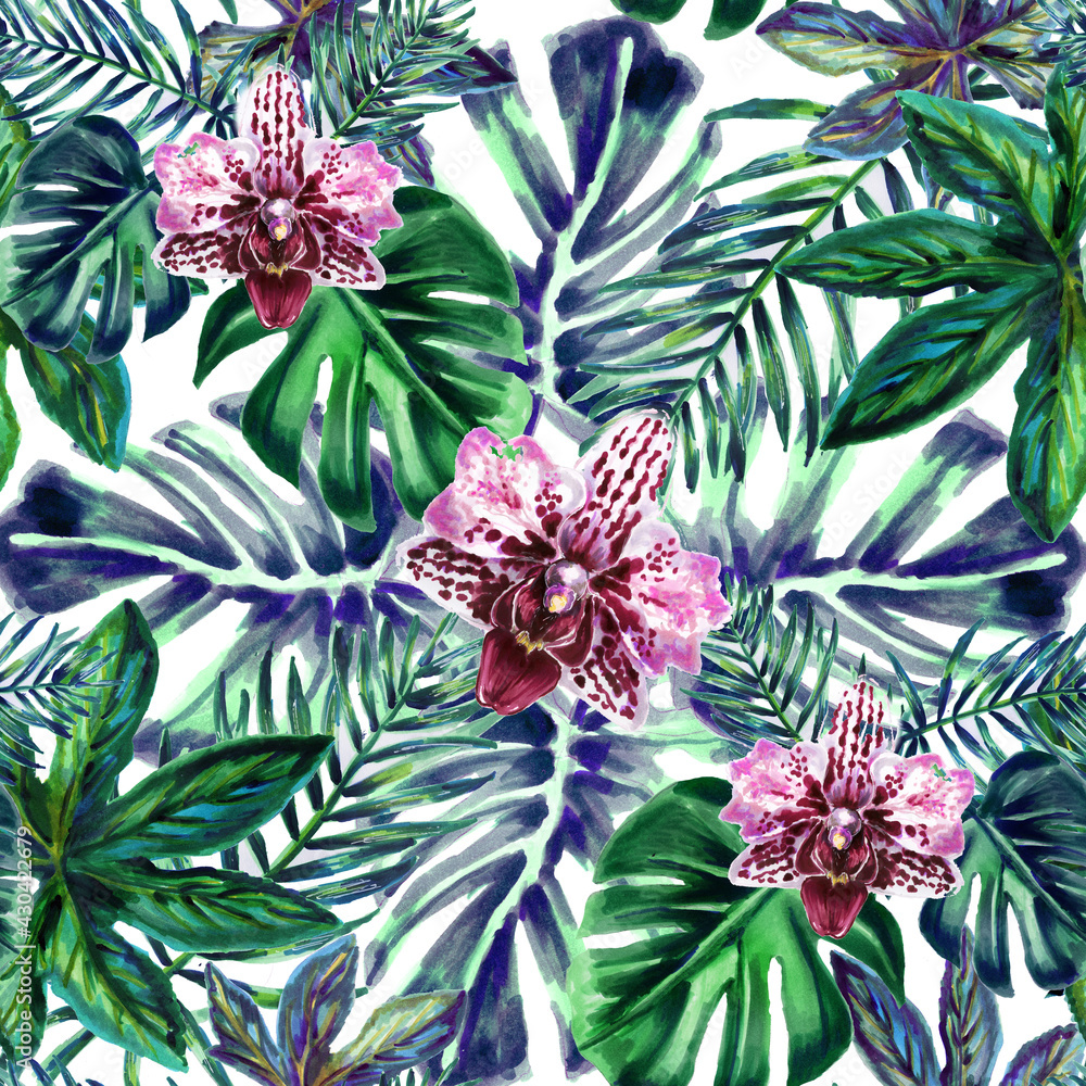 Naklejka Beach cheerful seamless pattern wallpaper of tropical dark green leaves of palm trees and flowers orchid. seamless pattern of exotic leaves and flowers hand-drawn. Watercolour botanical illustration