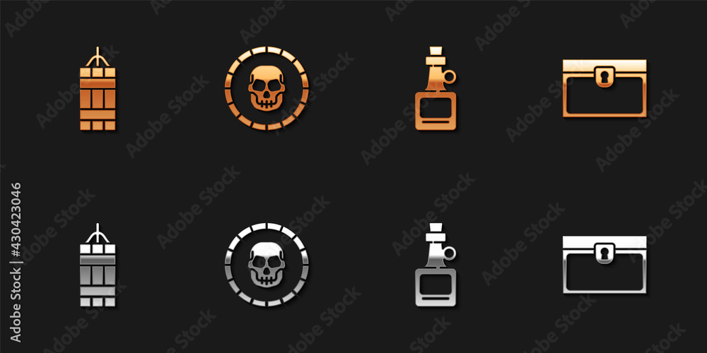 Set Dynamite bomb, Pirate coin, Alcohol drink Rum and Antique treasure chest icon. Vector Set Dynamite bomb, Pirate coin, Alcohol drink Rum and Antique treasure chest icon. Vector