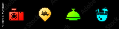 Set Photo camera, Location with cruise ship, Covered tray and Coconut cocktail icon. Vector
