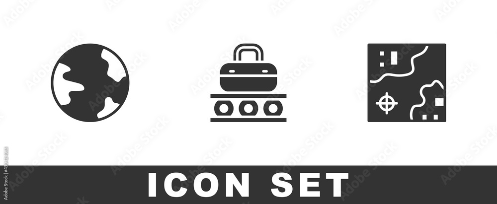 Set Worldwide, Conveyor belt with suitcase and travel map icon. Vector Set Worldwide, Conveyor belt with suitcase and travel map icon. Vector
