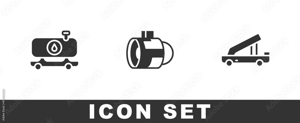 Set Fuel tanker truck, Jet engine turbine and Passenger ladder icon. Vector Set Fuel tanker truck, Jet engine turbine and Passenger ladder icon. Vector