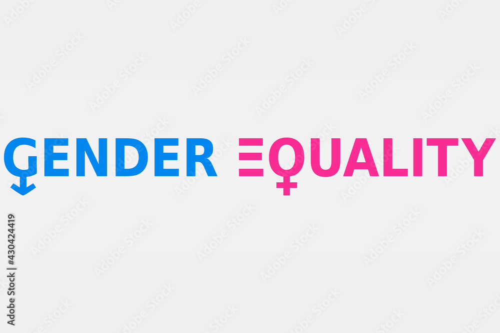 Gender equality illustration vector. Male and female icons, pink and blue colors text and equals symbol. Gender struggle, equal opportunities concept.