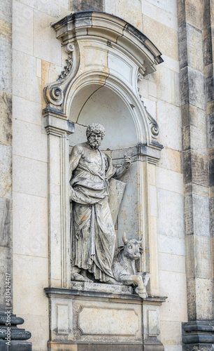 Dresden, Germany - May 02 2019: Statue of Euripides, the ancient Greek playwright, at the facade of the Semper Opera, architect - Gottfried Semper, sculptor - Johannes Schilling, installed in 1841