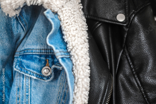 Jeans and leather jackets. Blue and black