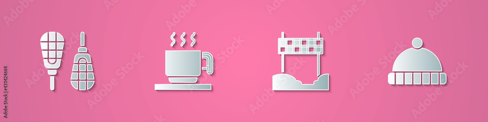 Set paper cut Snowshoes, Hot chocolate cup, Ribbon in finishing line and Winter hat icon. Paper art style. Vector Set paper cut Snowshoes, Hot chocolate cup, Ribbon in finishing line and Winter hat icon. Paper art style. Vector