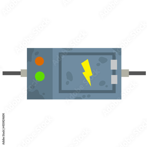 Switchboard. High voltage sensor. Technical industrial appliance. Danger sign - yellow lightning. Current switch. Cartoon flat illustration. Fuse and electrical engineering. Electrical wires in box