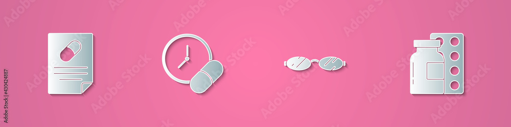 Set paper cut Medical prescription, Medicine pill or tablet, Eyeglasses and Pills blister pack icon. Paper art style. Vector Set paper cut Medical prescription, Medicine pill or tablet, Eyeglasses and Pills blister pack icon. Paper art style. Vector