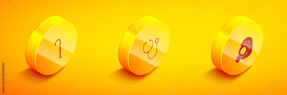 Set Isometric Walking stick cane, Stethoscope and Hearing aid icon. Vector Set Isometric Walking stick cane, Stethoscope and Hearing aid icon. Vector