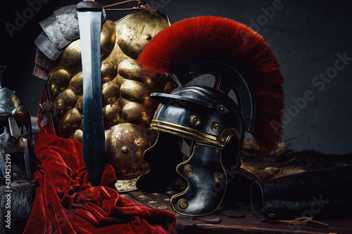 Photos Close up shot of military roman armor and helmet