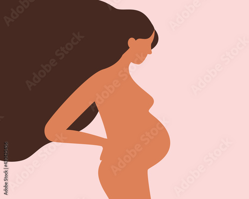 Young beautiful naked pregnant woman with long hair isolated background. Motherhood, pregnancy concept. Lonely woman expecting baby. Modern vector flat illustration