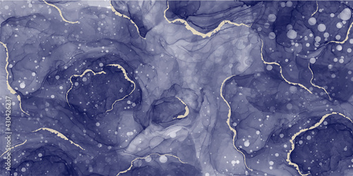 Abstract blue gold marble fluid painted background. Alcohol ink or watercolor art. Editable vector texture backdrop for poster, card, invitation, flyer, cover, banner, social media post.