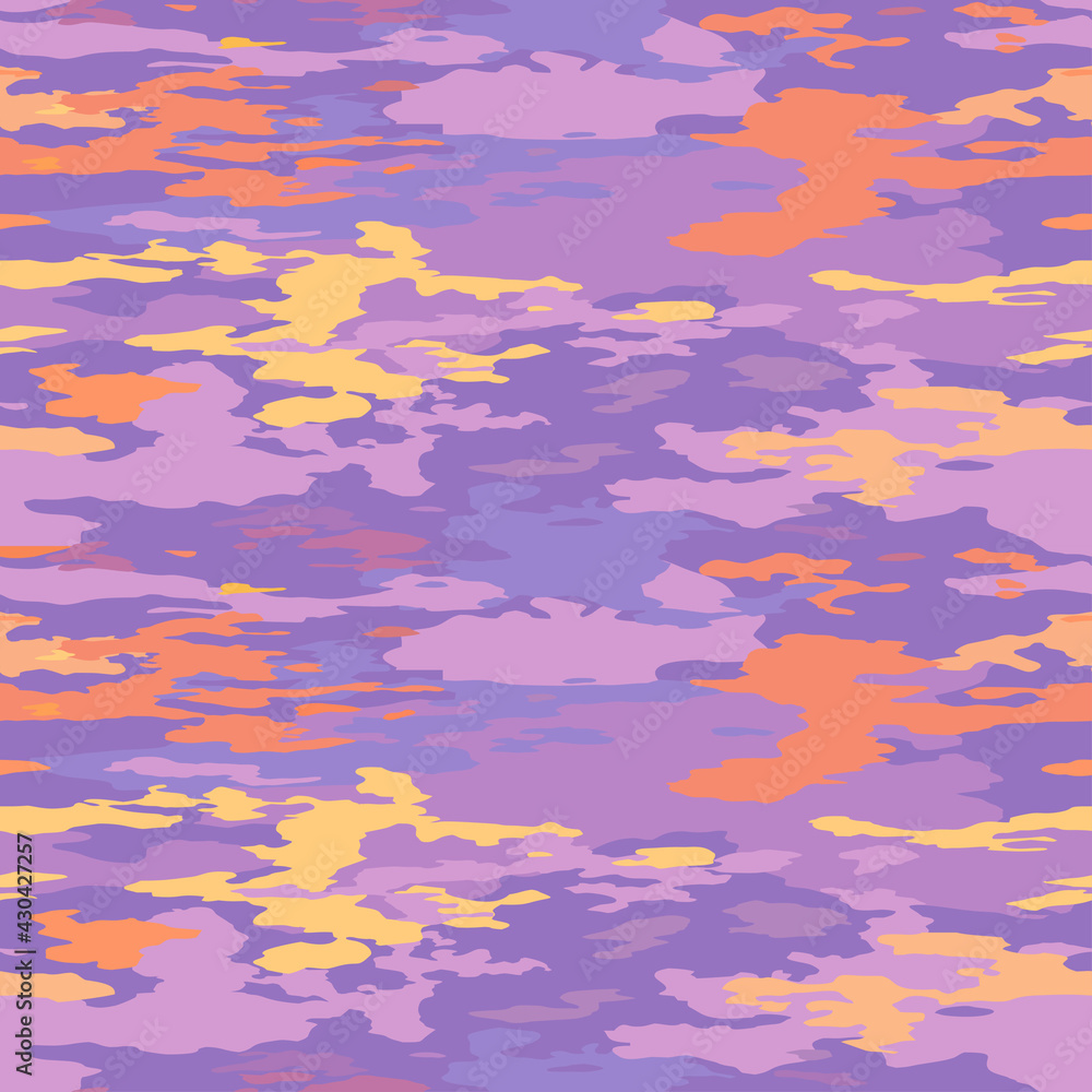 Wallpaper with sunset cloudy sky in burgundy purple orange shades. Printed on fabric, seamless cartoon texture of the evening sky. Vector background
