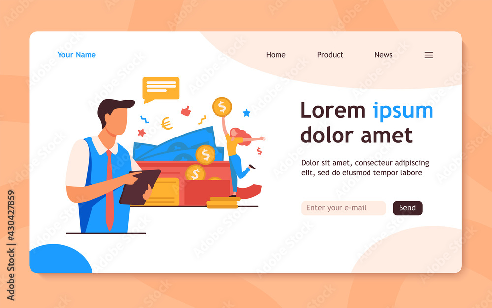 Man with clipboard looking at happy woman holding big coin. Wallet, cash, money flat vector illustration. Finance and wealth concept for banner, website design or landing web page Man with clipboard looking at happy woman holding big coin. Wallet, cash, money flat vector illustration. Finance and wealth concept for banner, website design or landing web page