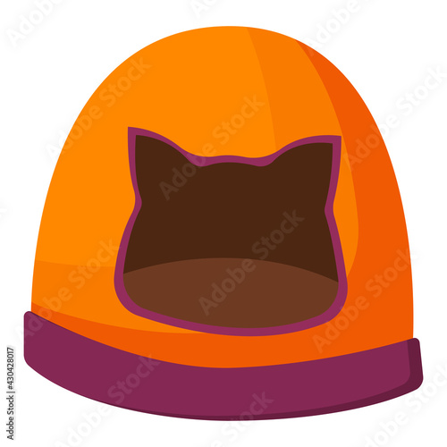 Lovely house for pets. Plank bed for cats and dogs. House for pets with a window in the form of a little cat is isolated on a white background. Pet accessories, pet carePet accessories, pet care