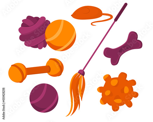 Pet toys. Stylish set of toys for the leisure of pets. Balls for pets isolated on white background. Pet accessories, pet care