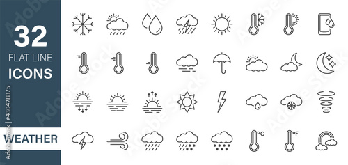 Set of Weather Line Icons. Weather Forecast graphic elements. Meteorology. Temperature, Sun, Cloud, Rain, Snow, Wind, Rainbow, Sunset, Sunrise, Atmosphere. Editable stroke. Vector illustration