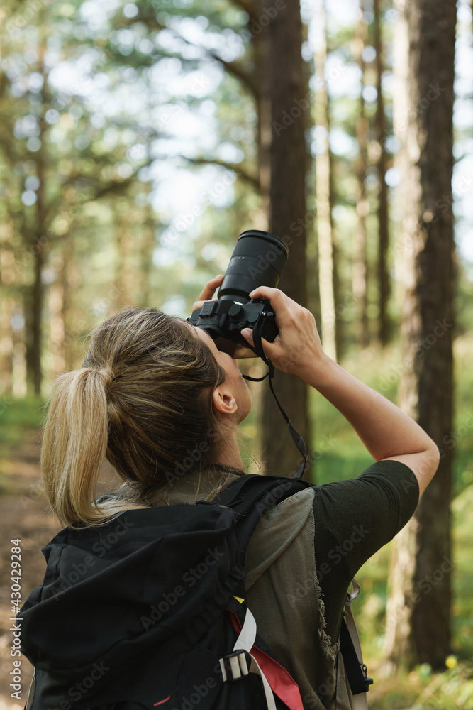 Hiker taking photos using modern mirrorless camera in green forest Hiker taking photos using modern mirrorless camera in green forest