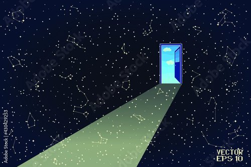 Abstract Panoramic Sky Map of Hemisphere. Open Door to Heaven Isolated on Starry Night Sky Background. Vector. 3D Illustration