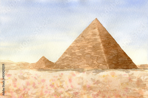 Watercolor desert landscape with egypt pyramids for cards design  decor and posters