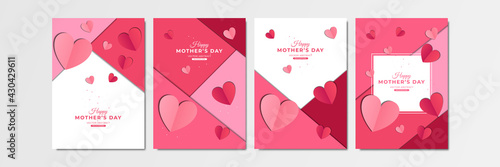 Beautiful Happy Mother's day concept posters set. Vector illustration. 3d red and pink paper hearts with frame on geometric background. Cute love sale banners or greeting cards