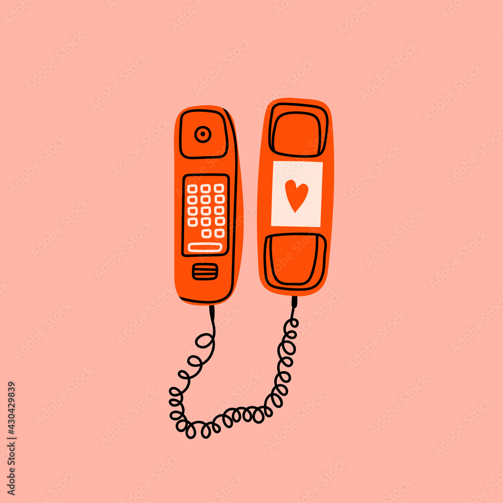 Red Phone with buttons and heart. Communication device. Classic wired ...