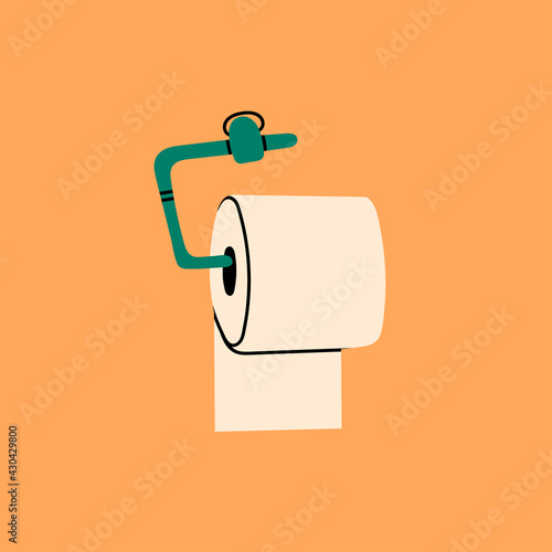 Toilet Paper hanging on the holder. Hygiene, WC, restroom, household concept. Cartoon style. Hand drawn trendy Vector illustration. Icon, logo, print template
