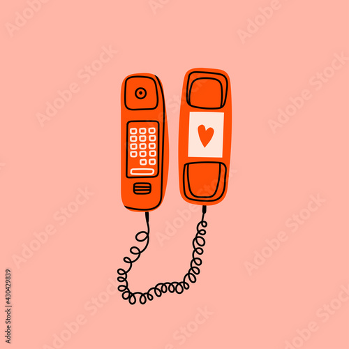 Red Phone with buttons and heart. Communication device. Classic wired telephone. Retro vintage style Icon. Hand drawn Vector illustration. Pre-made Card or T-shirt Print template