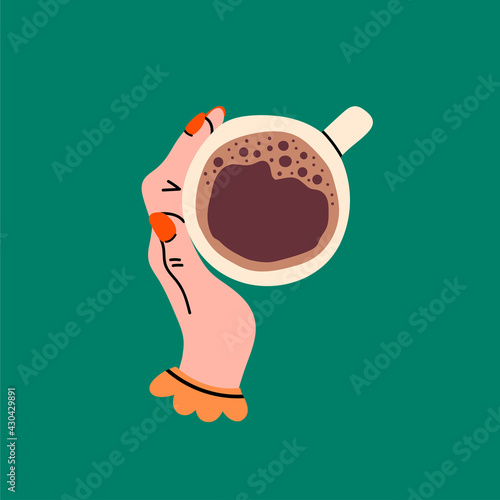 Female hand holding cup or mug with tea or coffee. Top view. Hand drawn colored trendy Vector illustration. Cartoon style. Flat design. Isolated on green background. Icon, logo, print template