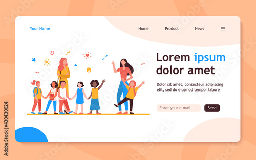Classmates meeting at school. Mom leading son, group of school children with teacher flat vector illustration. Childhood, back to school concept for banner, website design or landing web page