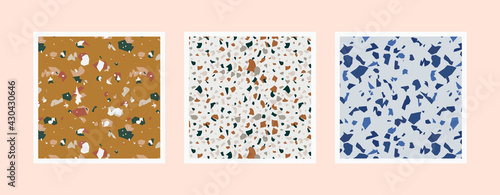 Colorful venetian terrazzo imitation seamless pattern. Realistic marble texture with stone fragments. Modern minimalistic floor tile for interior decoration. Trendy abstract vector illustration.
