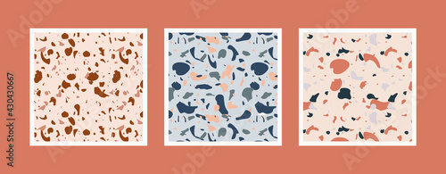 Colorful venetian terrazzo imitation seamless pattern. Realistic marble texture with stone fragments. Modern minimalistic floor tile for interior decoration. Trendy abstract vector illustration.