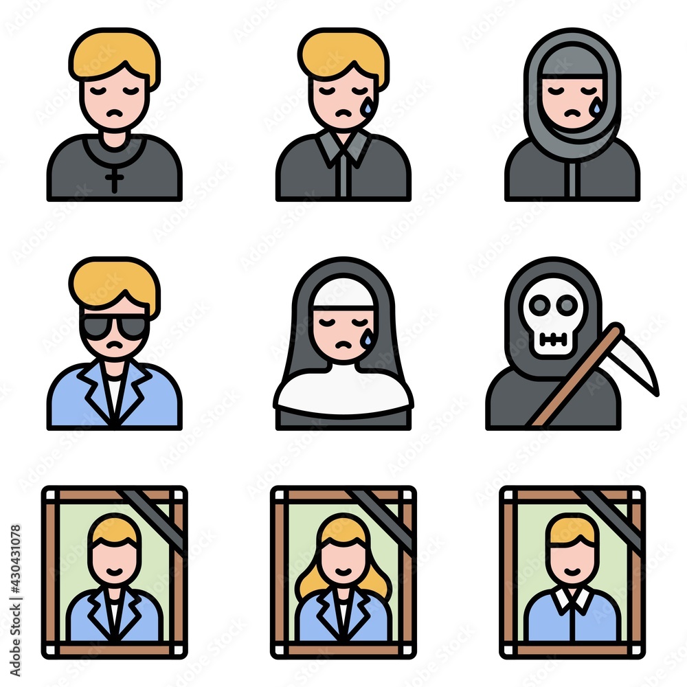 Funeral related vector icon set 5, filled style Funeral related vector icon set 5, filled style