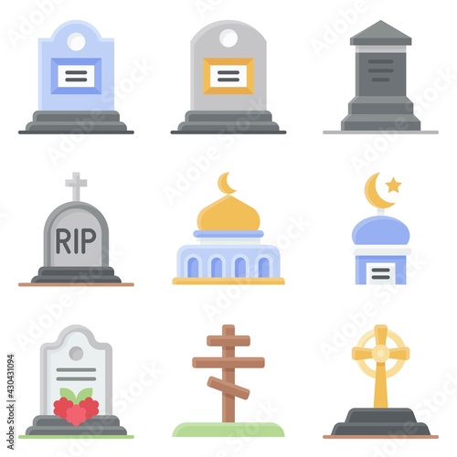 Funeral related vector icon set, flat style