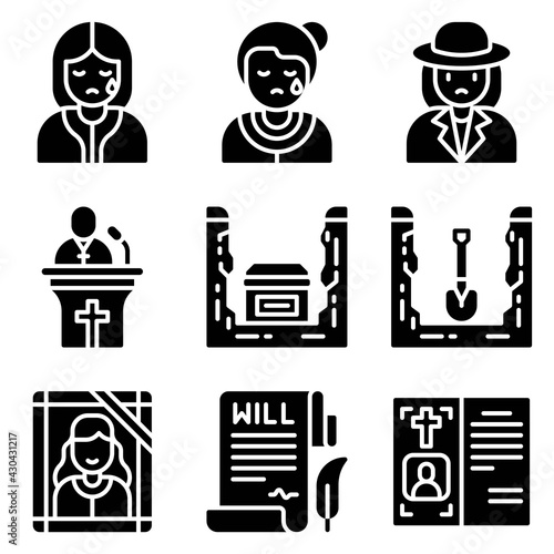 Funeral related vector icon set, solid style