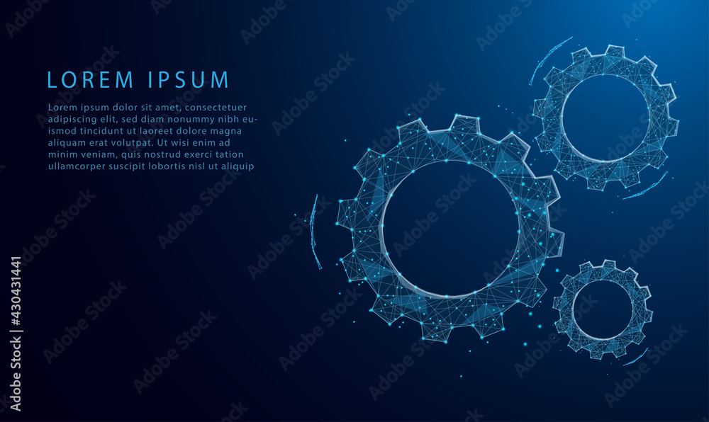 Gearing composed of polygons. Low poly vector illustration of gears consists of lines, dots, and shapes. Mechanical technology machine engineering symbol on dark blue background.