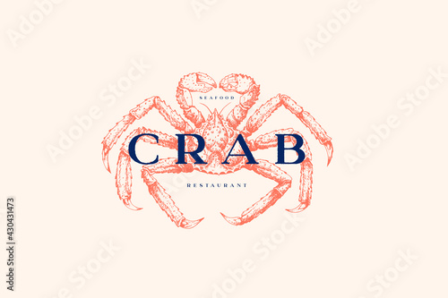 Logo template with an image of a red king crab drawn by graphic lines on a light background. Retro emblem for the menu of fish restaurants, markets and shops. Vector vintage engraving illustration.