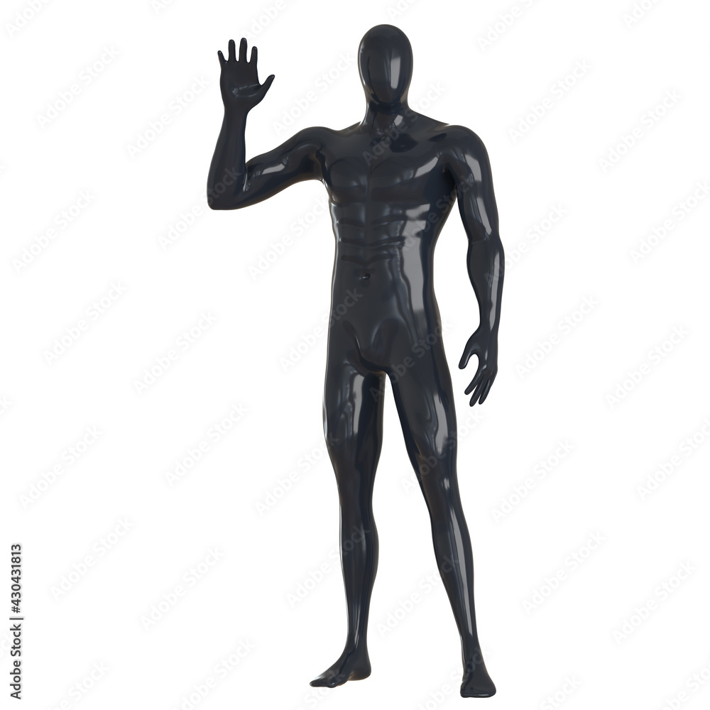 Black male faceless mannequin stands with bent arm raised against isolated background. 3d rendering Black male faceless mannequin stands with bent arm raised against isolated background. 3d rendering