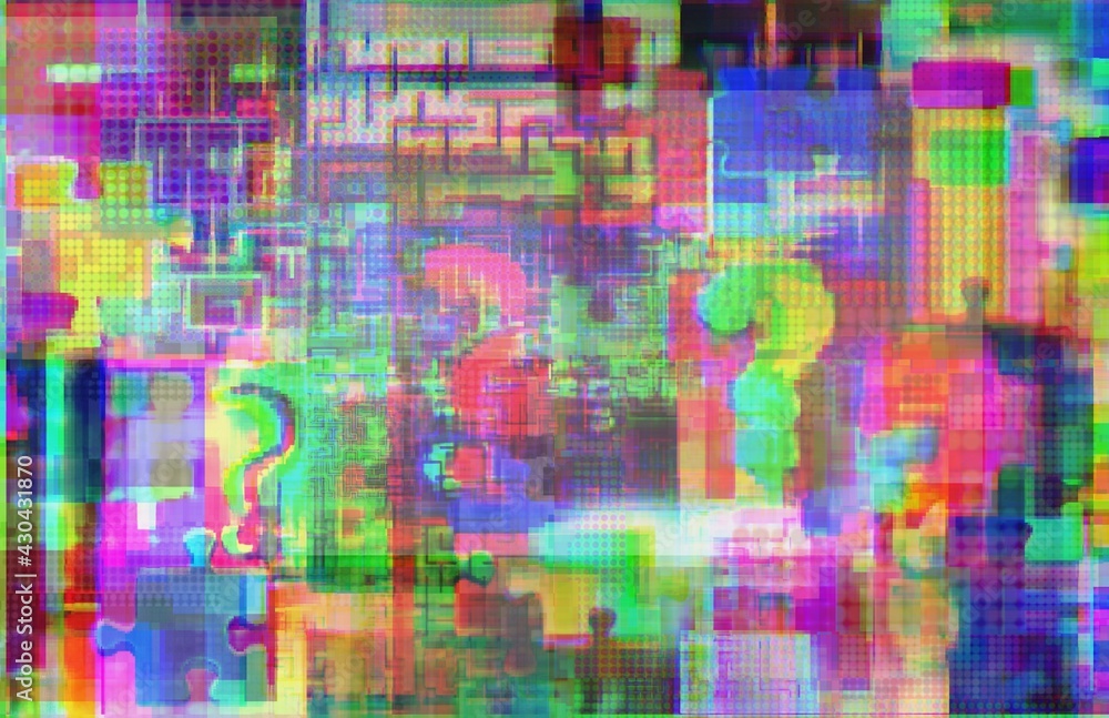 Point of interrogation, intricacies and puzzle in glitch art, background for reboot, tasks, teenage games, basic project etc