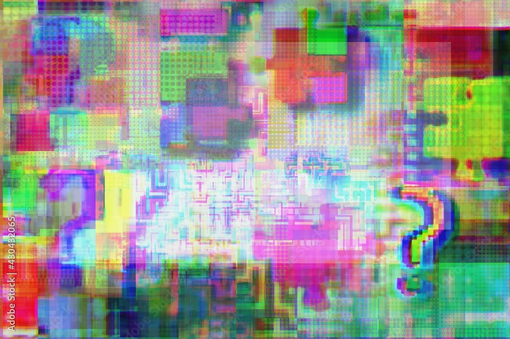 Question marks, labyrinths and jigsaw puzzles in glitch style, background for report, video, teenage games, basic project etc