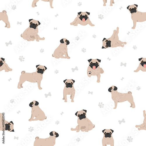 Pug seamless pattern. Different poses, coat colors set