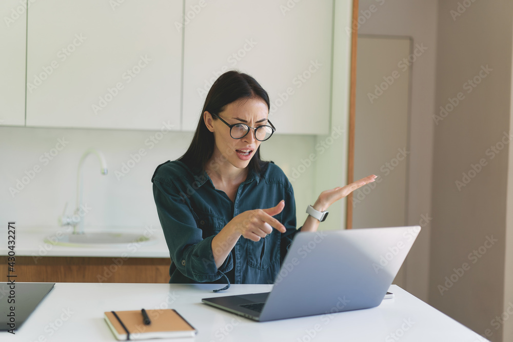 Portrait of freelancer woman working from home with laptop and notebook Portrait of freelancer woman working from home with laptop and notebook