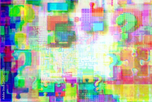 Question marks, labyrinths and jigsaw puzzles in glitch style, background for screen, charts, understanding, company style etc © like-like