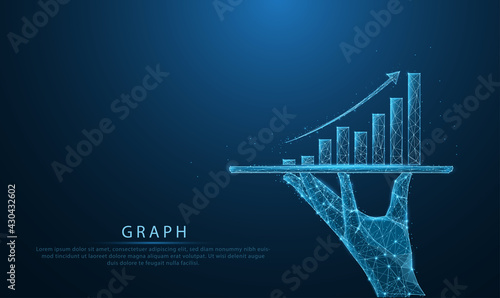 Low poly wireframe of Business holding tablet and showing holographic graphs and stock market statistics gain profits in form of line, dot, and low polygon. Concept of growth planning and strategy.