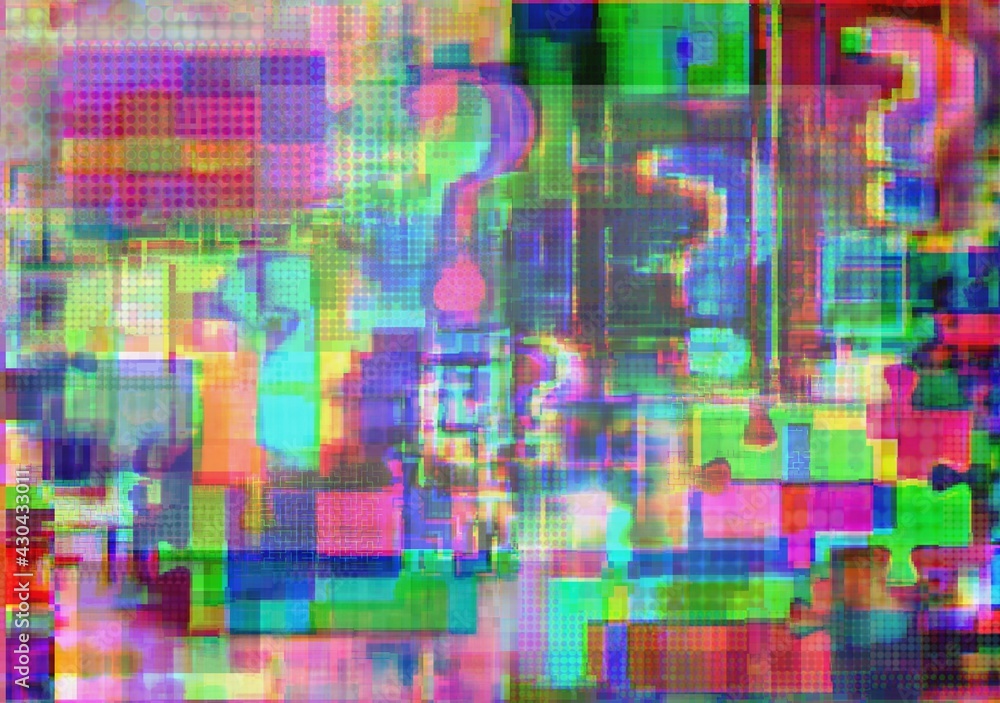 Question marks, intricacies and jigsaw puzzle in glitch space, background for hosting, bug, teenage games, basic project etc