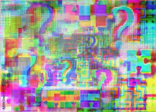 Jigsaw puzzles, interrogations and intricacies in mix glitch, background for journal, web, teenage games, basic project etc