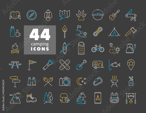 Camping, Hiking and Outdoor Activities icons set